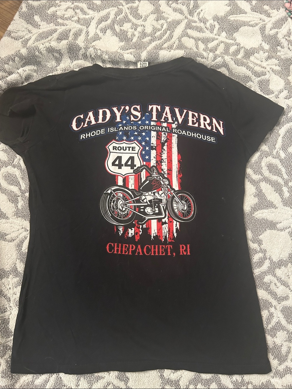 Woman’s Cadys Tavern Black Graphic Tee - Route 44 Motorcycle Design - Picture 2 of 4